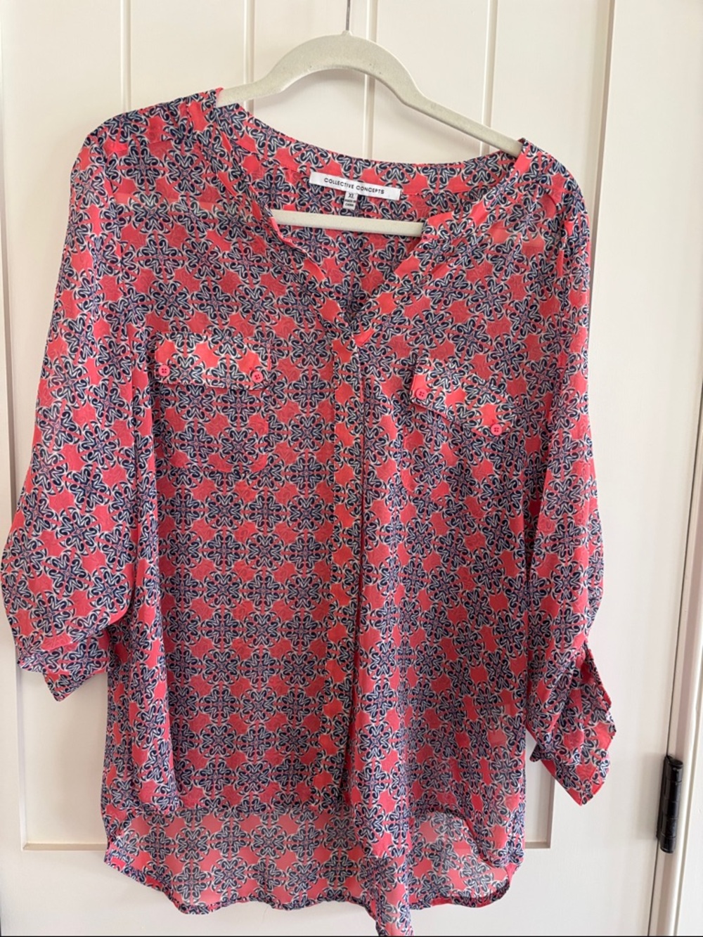 Collective Concepts Coral and Navy Printed Roll-Tab Blouse